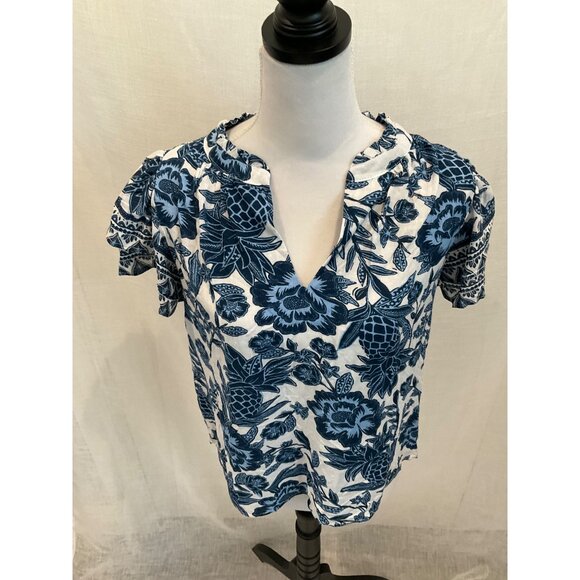 Rachel Zoe Floral Print Rayon Blouse Medium Blue & White Short Sleeve Womens Top - Picture 2 of 6